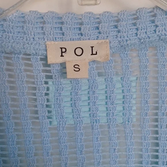 POL Blue Boho Print + Sheer Knit V Neck Rayon Jersey Top - Picture 6 of 14